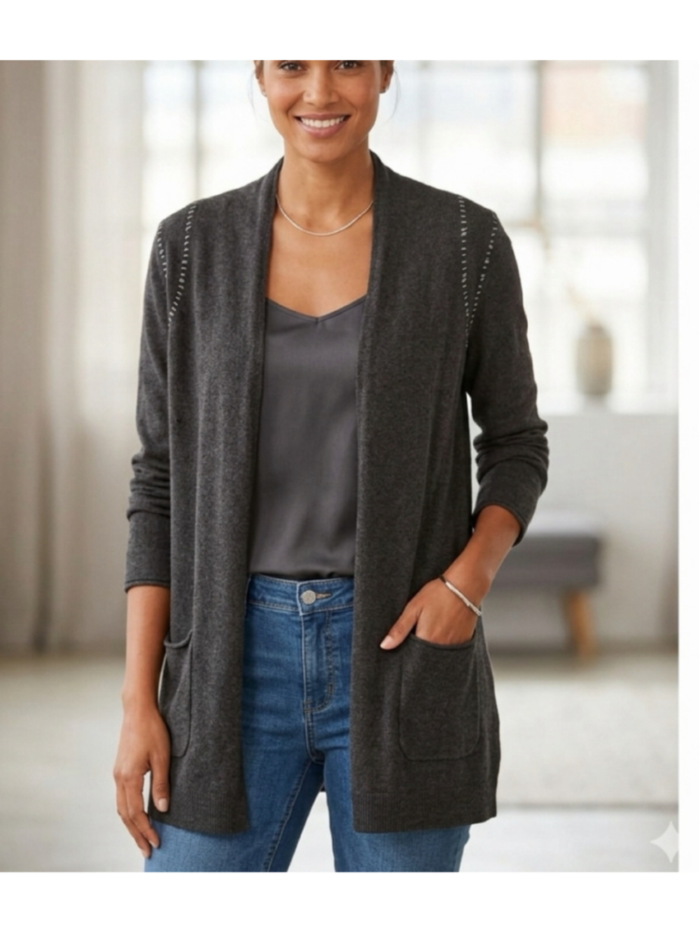 Olsen Charcoal Gray Open Front Cardigan Embellished Shoulder Pockets M 2074